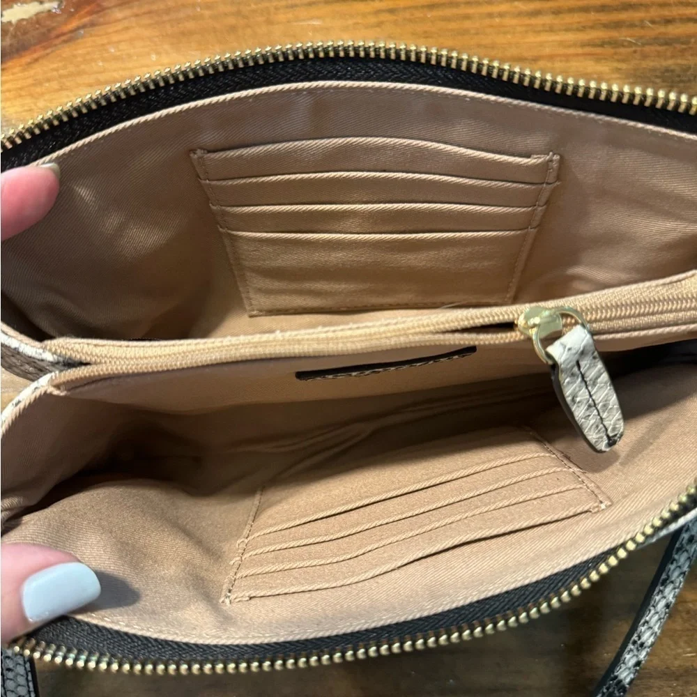 GILI leather snake print crossbody bag or clutch. Gray/white gold trim zip top